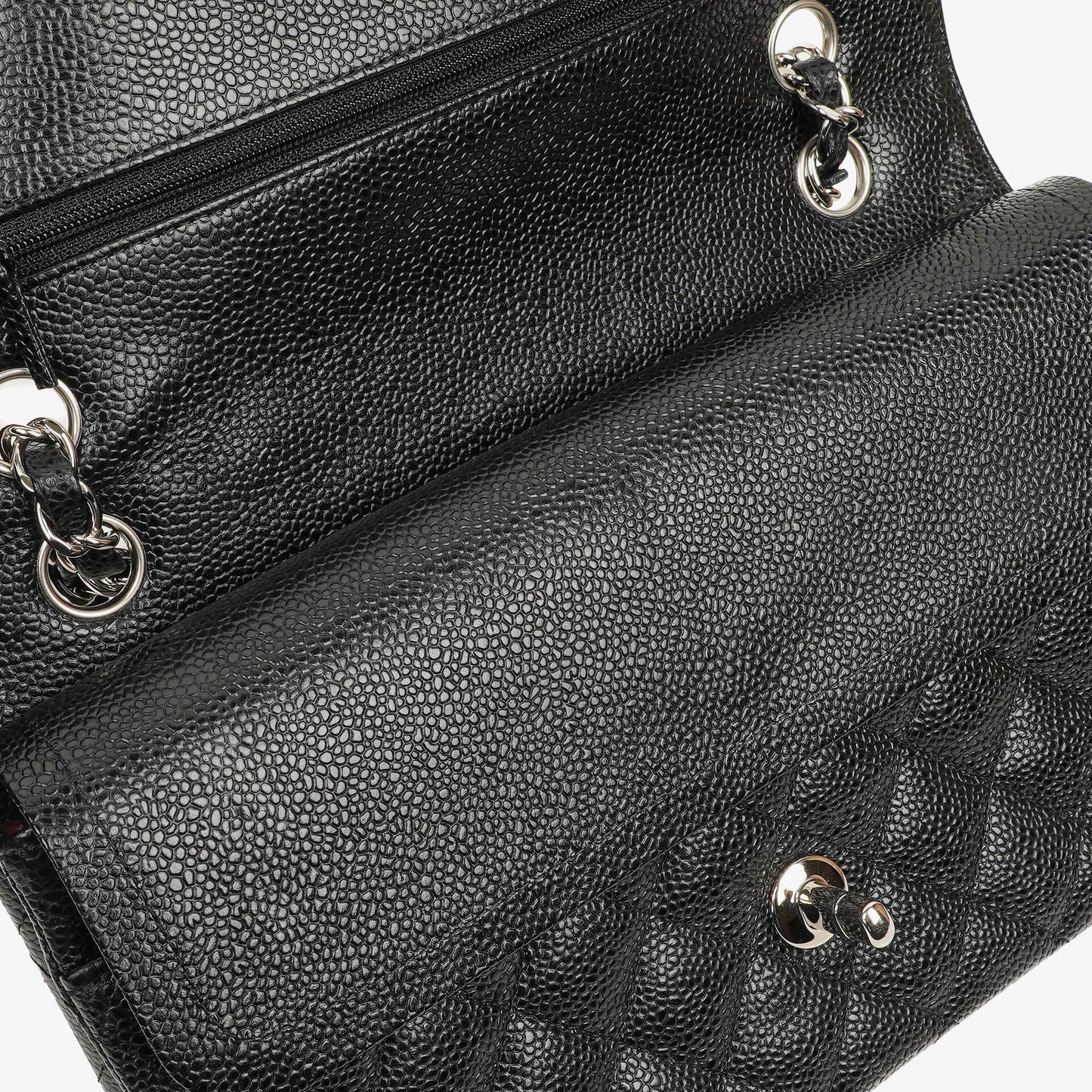 Chanel mittelgroße Classic Double Flap Bag aus schwarzem gestepptem Kaviarleder mit silberfarbener Hardware