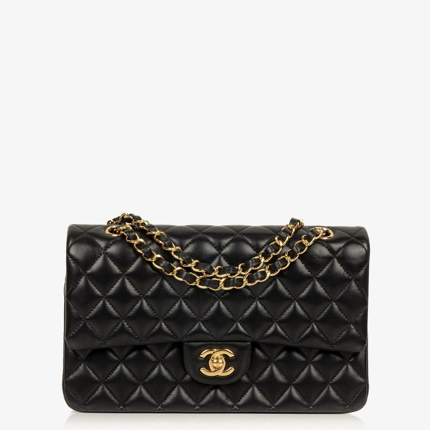 Chanel Classic Medium Double Flap Bag aus schwarzem gestepptem Lammleder mit goldfarbenen Beschlägen