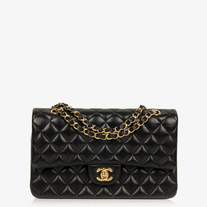 Chanel Classic Medium Double Flap Bag aus schwarzem gestepptem Lammleder mit goldfarbenen Beschlägen