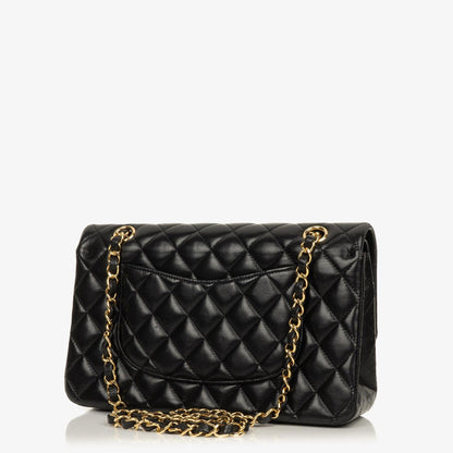 Chanel Classic Medium Double Flap Bag aus schwarzem gestepptem Lammleder mit goldfarbenen Beschlägen