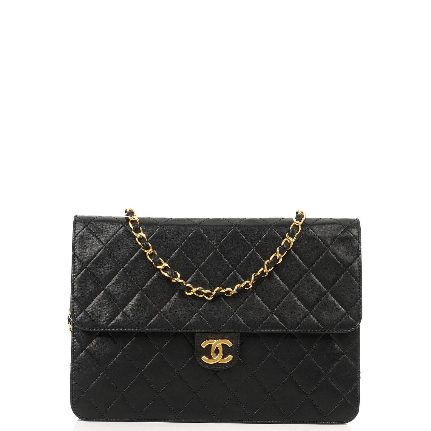 Chanel Medium Classic Single Flap Bag, Schwarzes gestepptes Lammleder, 24K Goldplattierte Hardware