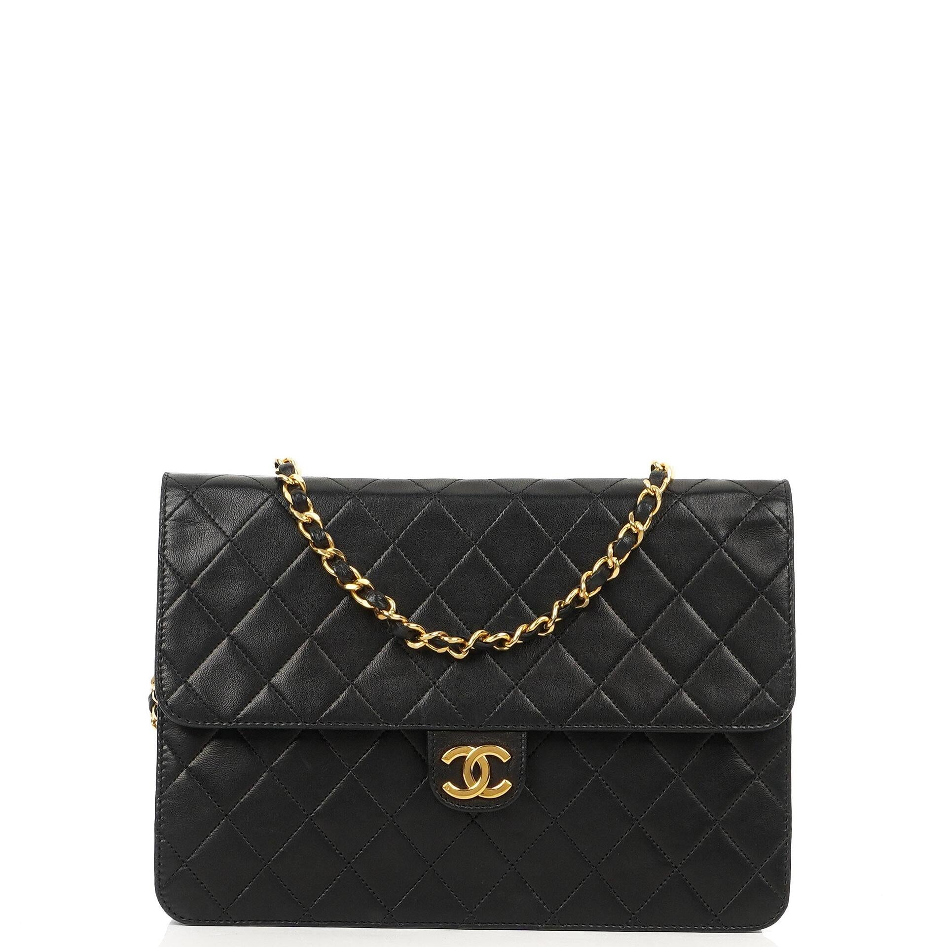 Chanel Medium Classic Single Flap Bag, Schwarzes gestepptes Lammleder, 24K Goldplattierte Hardware