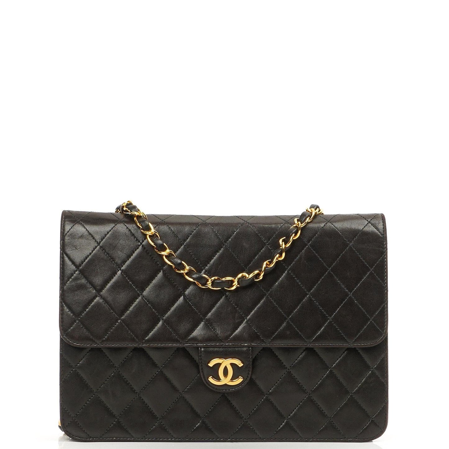 Chanel Mittlere Classic Schwarze gesteppte Lammleder Single Flap Tasche mit 24K vergoldeten Beschlägen