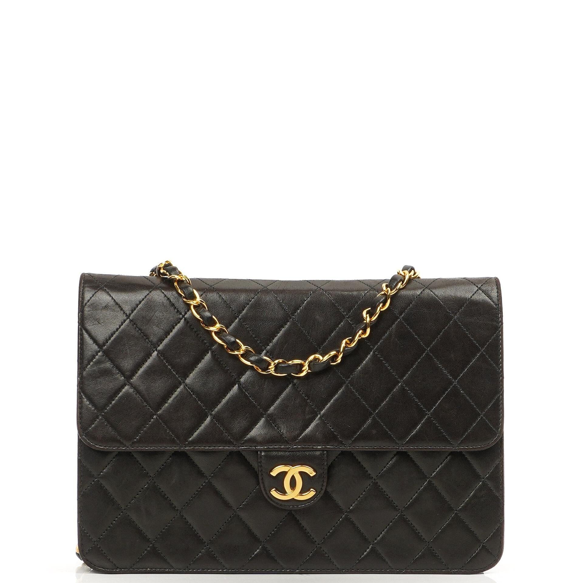 Chanel Mittlere Classic Schwarze gesteppte Lammleder Single Flap Tasche mit 24K vergoldeten Beschlägen