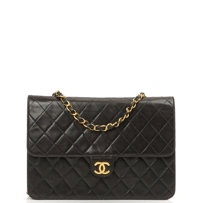 Chanel Mittlere Classic Schwarze gesteppte Lammleder Single Flap Tasche mit 24K vergoldeten Beschlägen