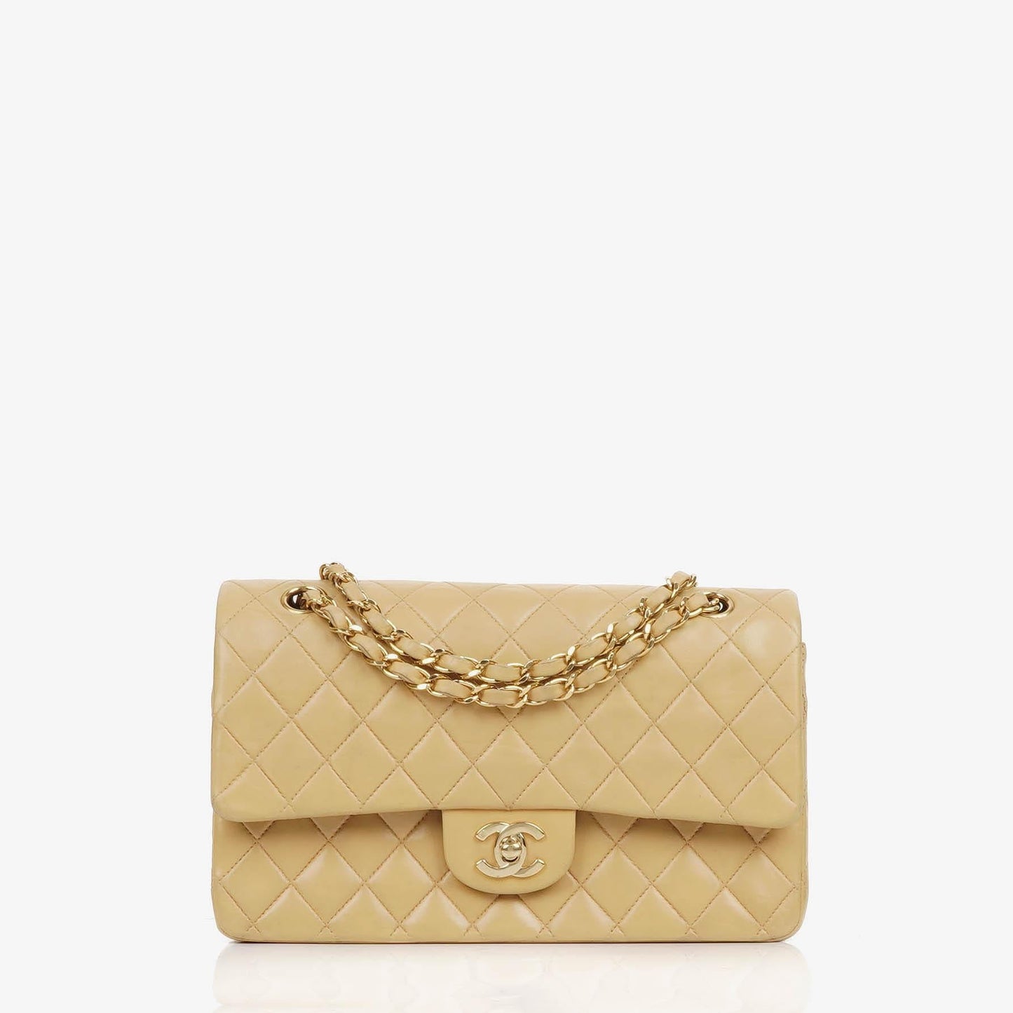 Chanel Mittlere Klassische Doppelklappen Tasche Beigefarbene gestepptes Lammleder mit 24K vergoldeten Beschlägen