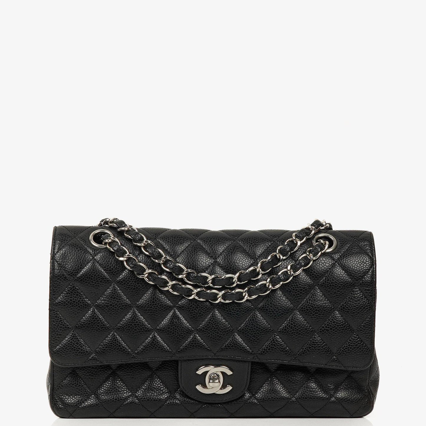 Chanel Mittelgroße Classic Double Flap Tasche aus schwarzem gestepptem Kaviarleder mit silberfarbenen Beschlägen, 2010-2011