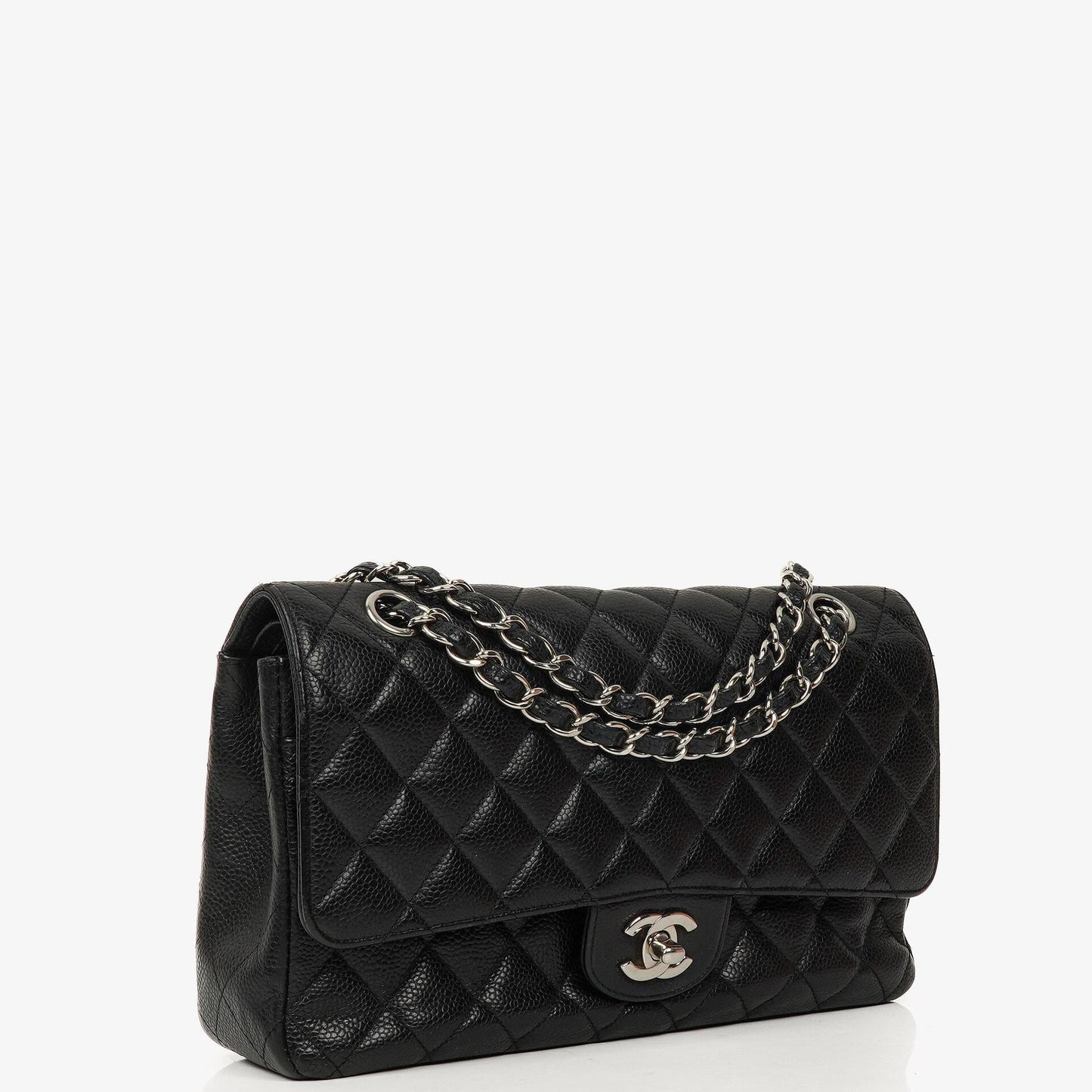 Chanel Mittelgroße Classic Double Flap Tasche aus schwarzem gestepptem Kaviarleder mit silberfarbenen Beschlägen, 2010-2011