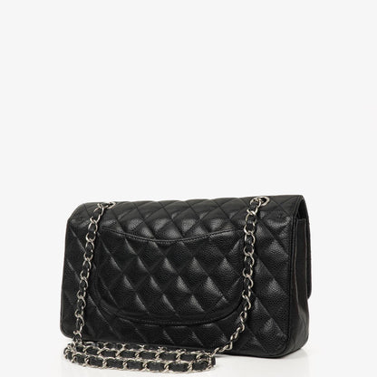 Chanel Mittelgroße Classic Double Flap Tasche aus schwarzem gestepptem Kaviarleder mit silberfarbenen Beschlägen, 2010-2011