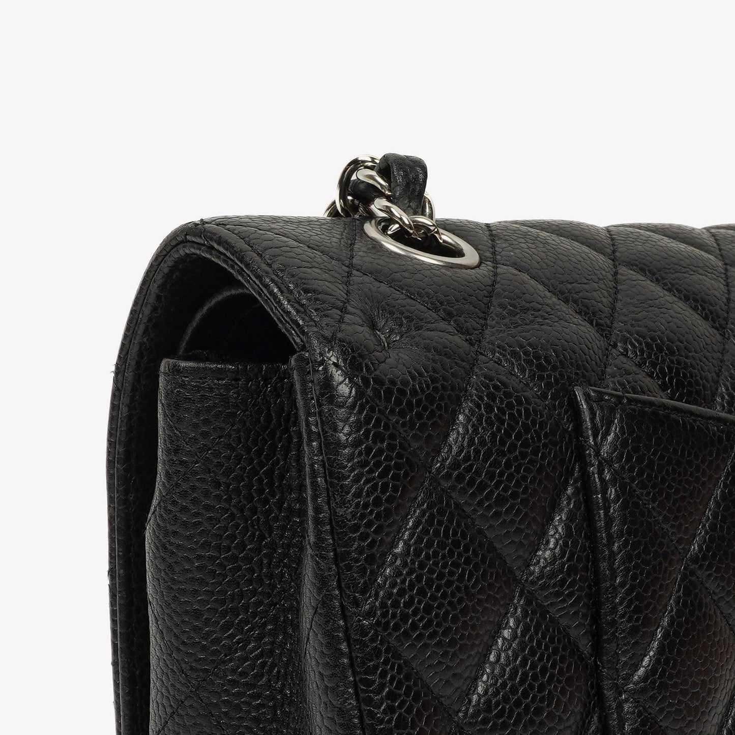 Chanel Mittelgroße Classic Double Flap Tasche aus schwarzem gestepptem Kaviarleder mit silberfarbenen Beschlägen, 2010-2011