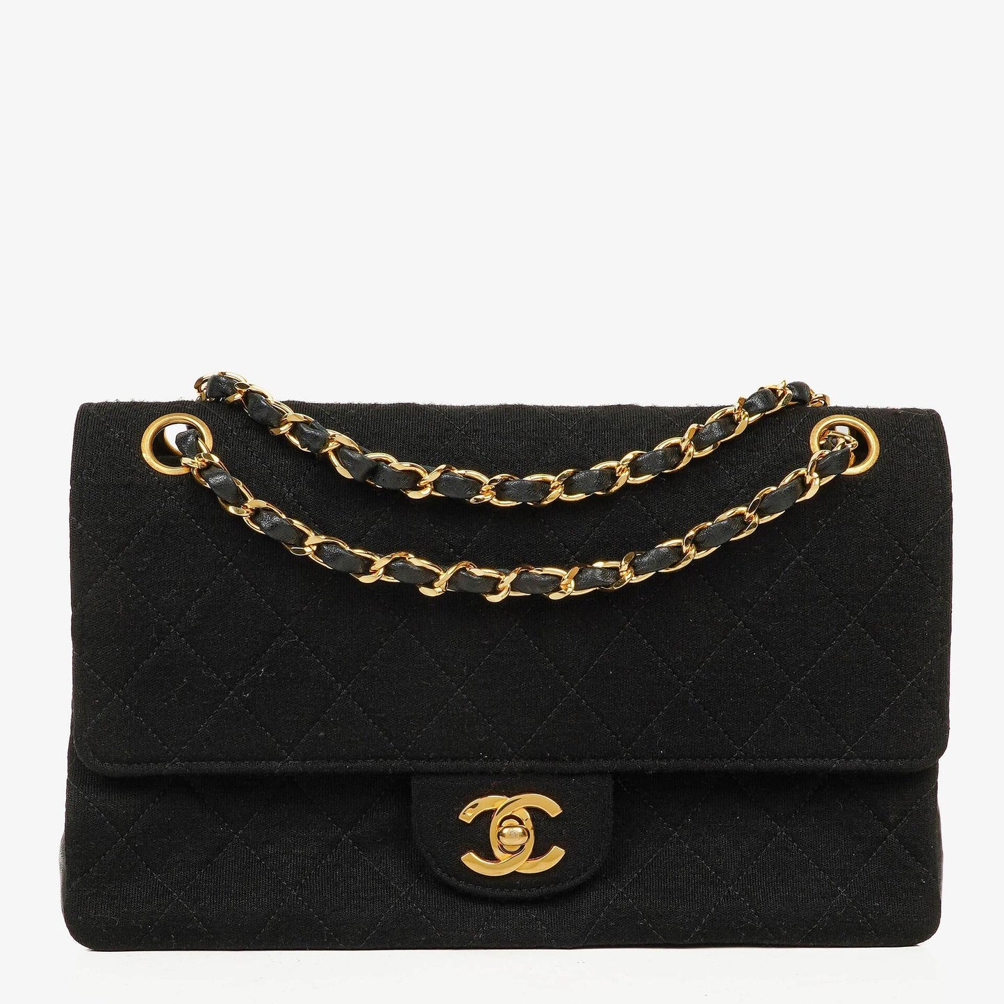 Chanel Mittelgroße Klassische Double Flap Tasche aus schwarzem gestepptem Jersey mit 24K vergoldeter Hardware