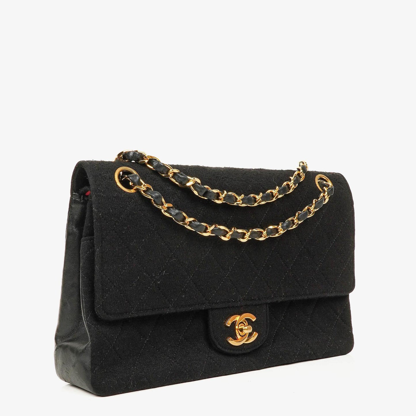 Chanel Mittelgroße Klassische Double Flap Tasche aus schwarzem gestepptem Jersey mit 24K vergoldeter Hardware