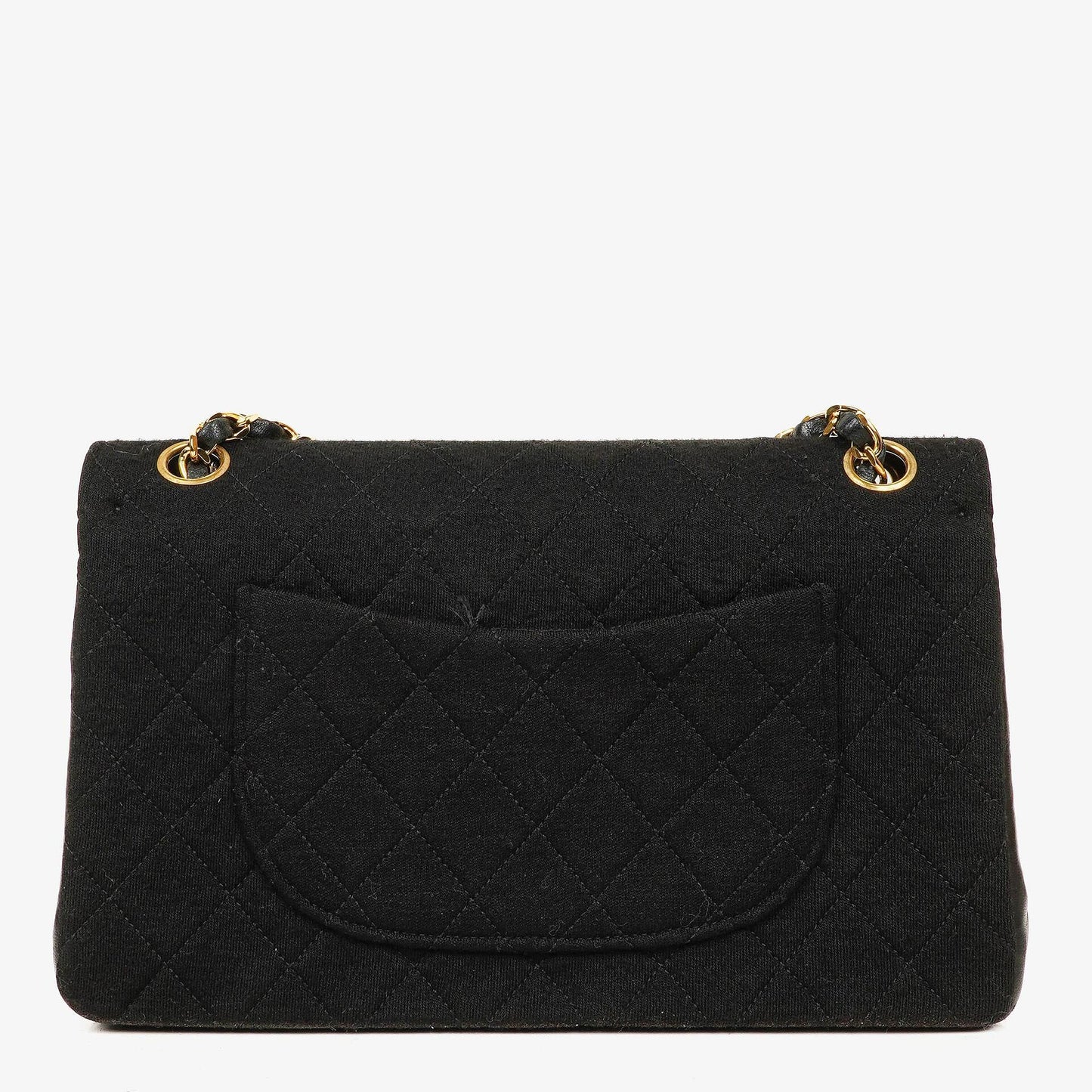 Chanel Mittelgroße Klassische Double Flap Tasche aus schwarzem gestepptem Jersey mit 24K vergoldeter Hardware