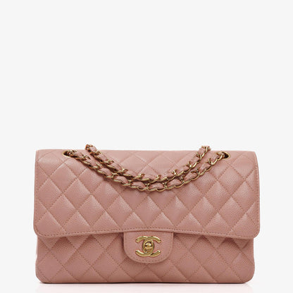 Chanel Medium Classic Double Flap Tasche Rosa gestepptes Kaviarleder mit 24K vergoldeter Hardware