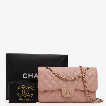 Chanel Medium Classic Double Flap Tasche Rosa gestepptes Kaviarleder mit 24K vergoldeter Hardware