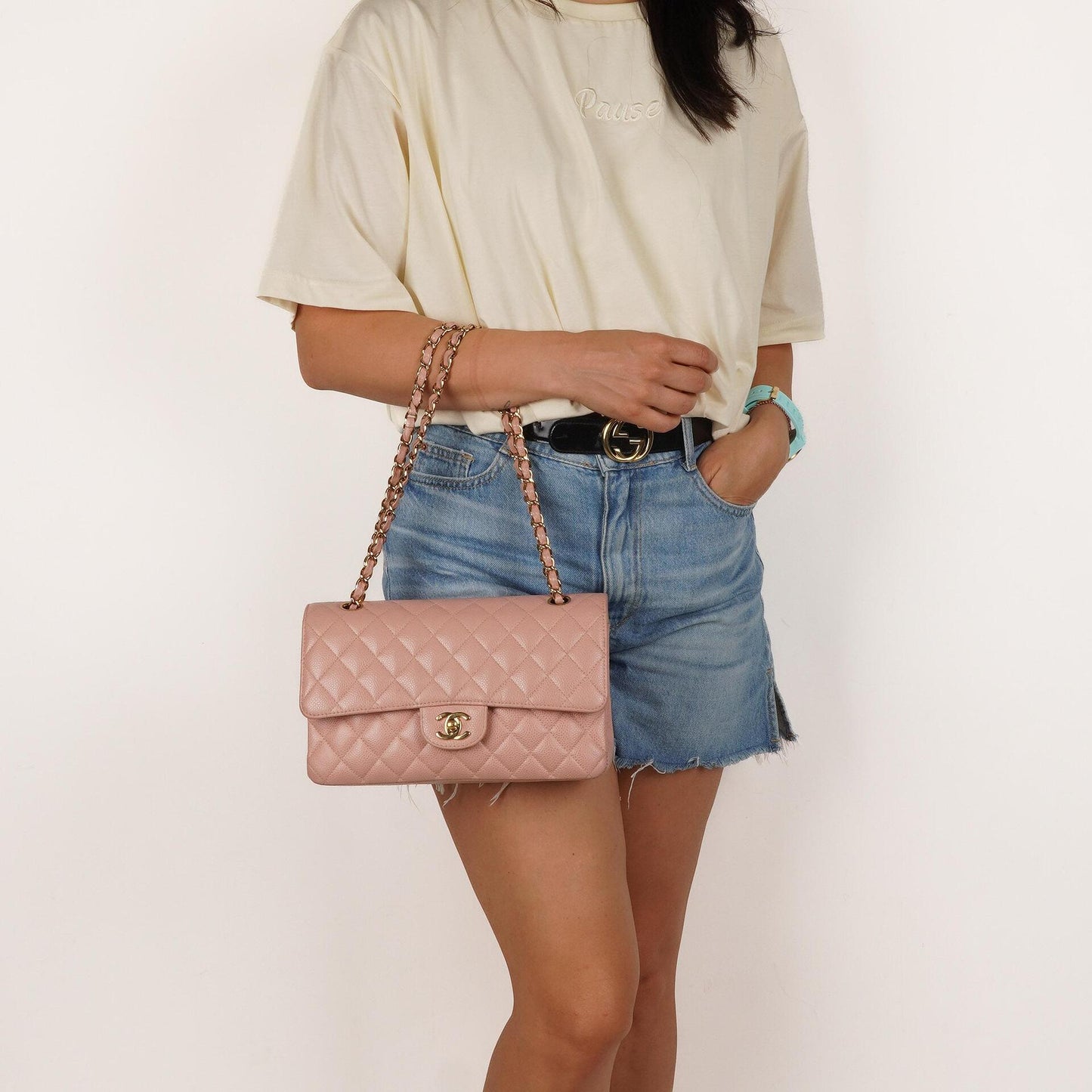 Chanel Medium Classic Double Flap Tasche Rosa gestepptes Kaviarleder mit 24K vergoldeter Hardware