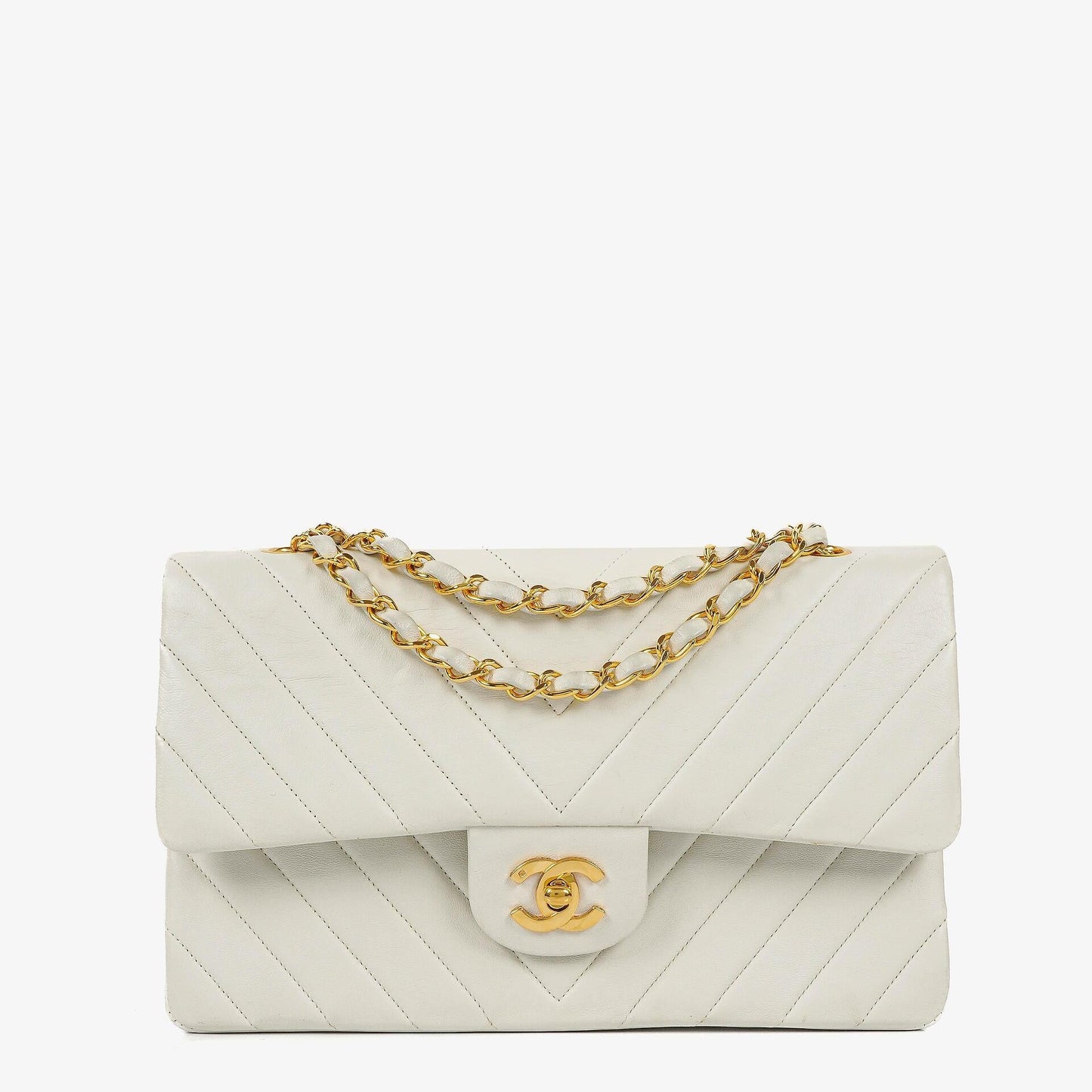 Chanel Mittelgroße Klassische Doppelklappe Tasche Weiß Chevron Gesteppt Lammleder 24K Vergoldete Hardware