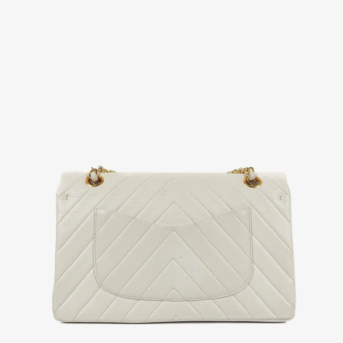 Chanel Mittelgroße Klassische Doppelklappe Tasche Weiß Chevron Gesteppt Lammleder 24K Vergoldete Hardware