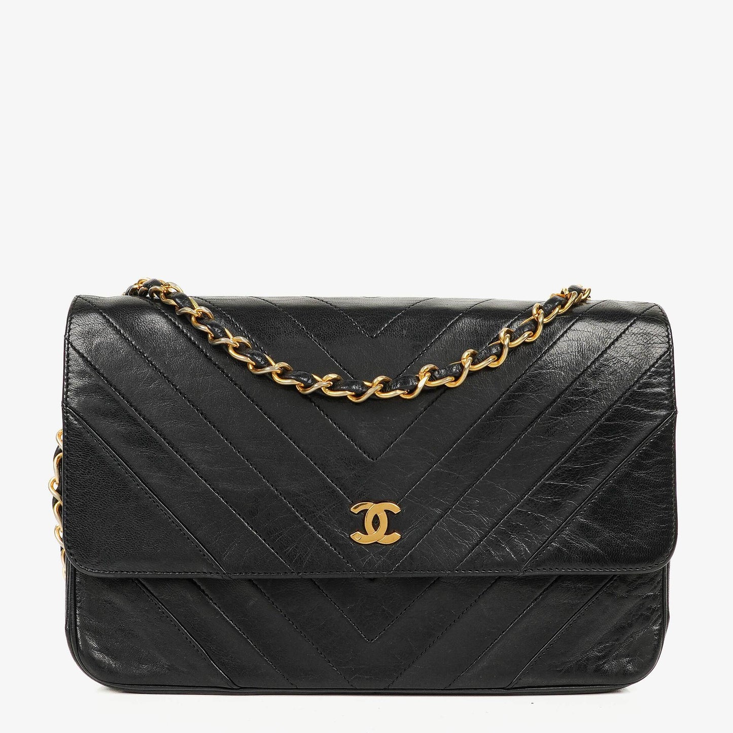 Chanel Medium Classic Single Flap Tasche aus schwarzem Chevron-gestepptem Lammleder mit 24K vergoldeten Beschlägen