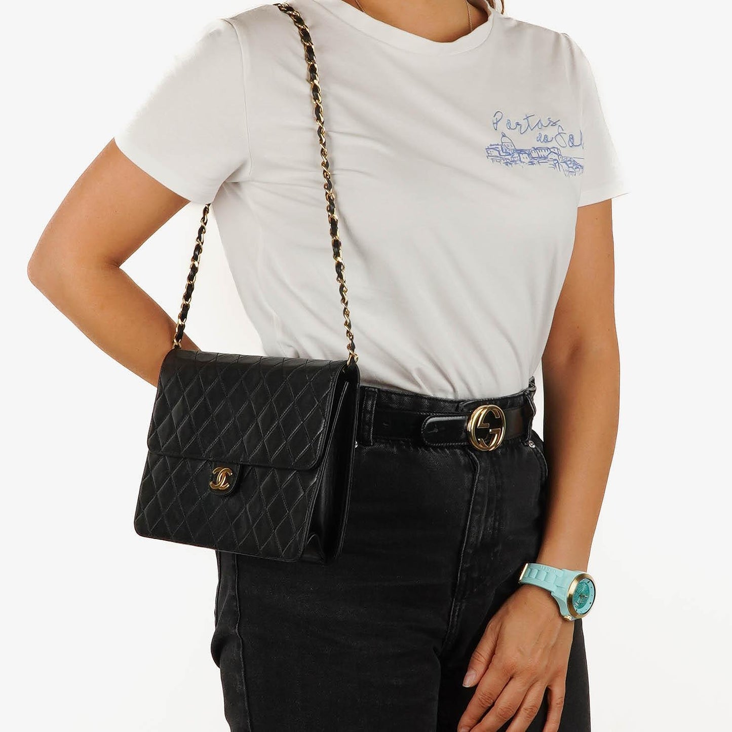 Chanel Mittlere klassische Einzelklappen-Tasche Schwarz gestepptes Lammleder mit 24K goldplattierter Hardware