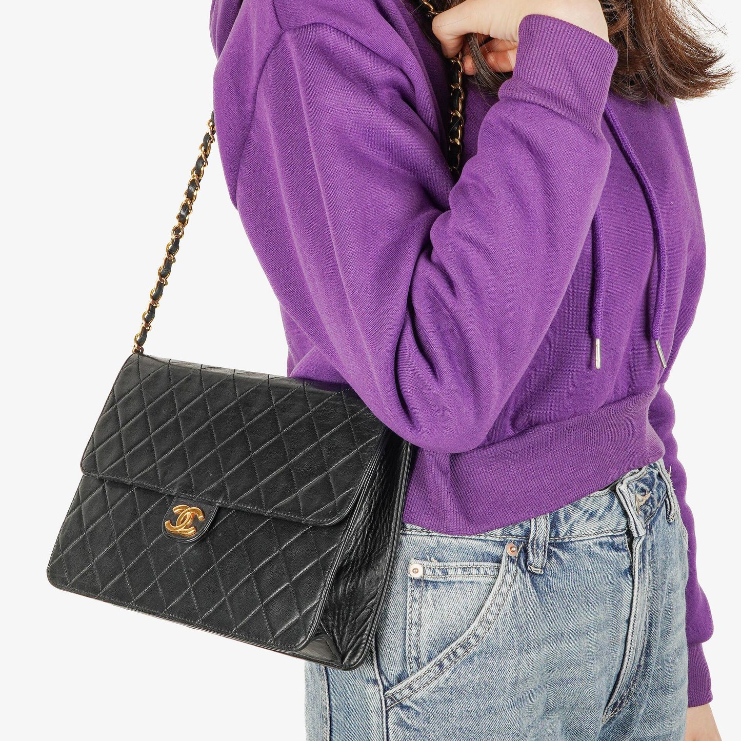 Chanel Medium Classic Single Flap Tasche aus schwarzem gestepptem Lammleder mit 24K vergoldeter Hardware