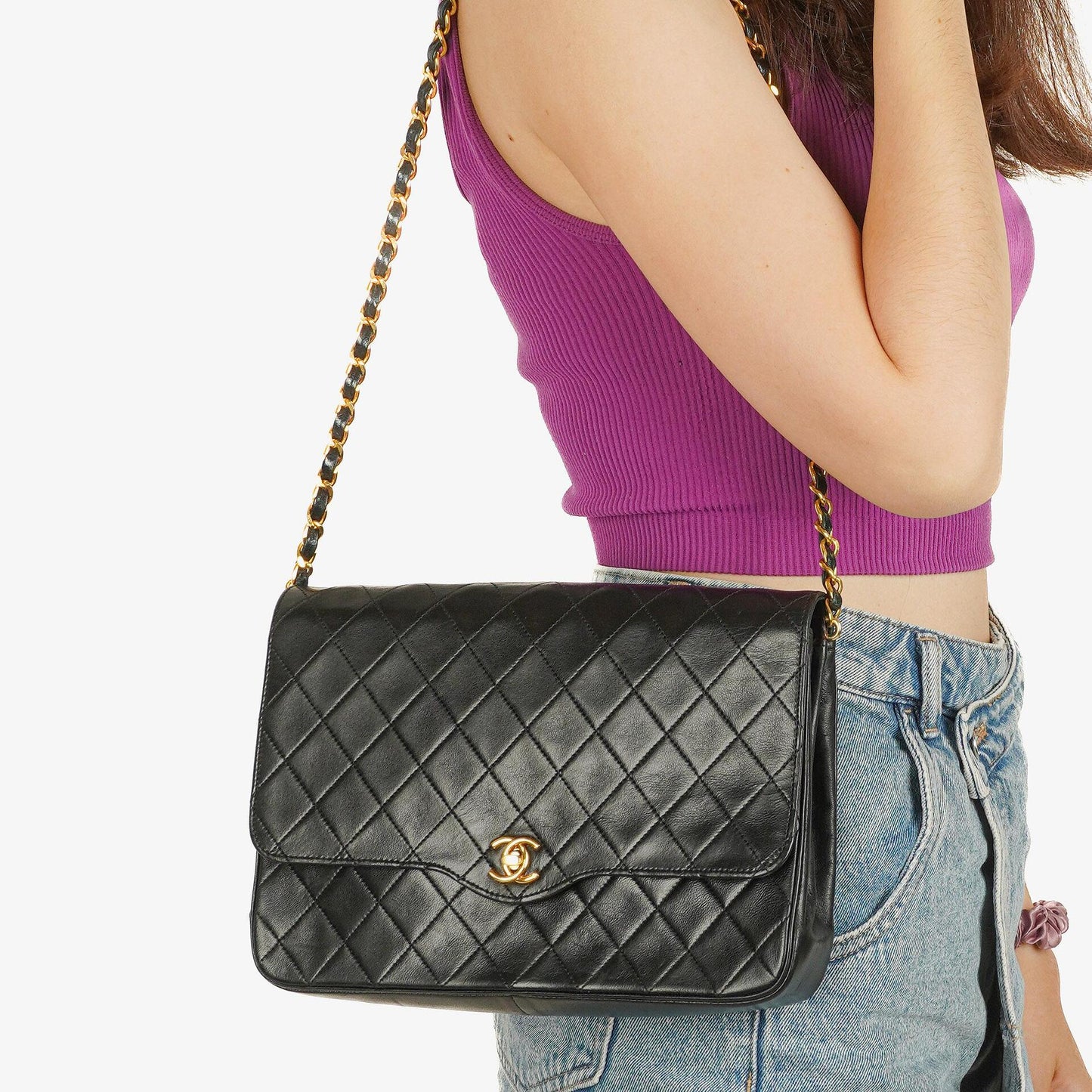 Chanel Medium Classic Single Flap Tasche aus schwarzem gestepptem Lammleder mit 24K vergoldeter Hardware