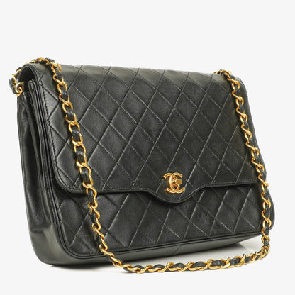 Chanel Medium Classic Single Flap Tasche aus schwarzem gestepptem Lammleder mit 24K vergoldeter Hardware