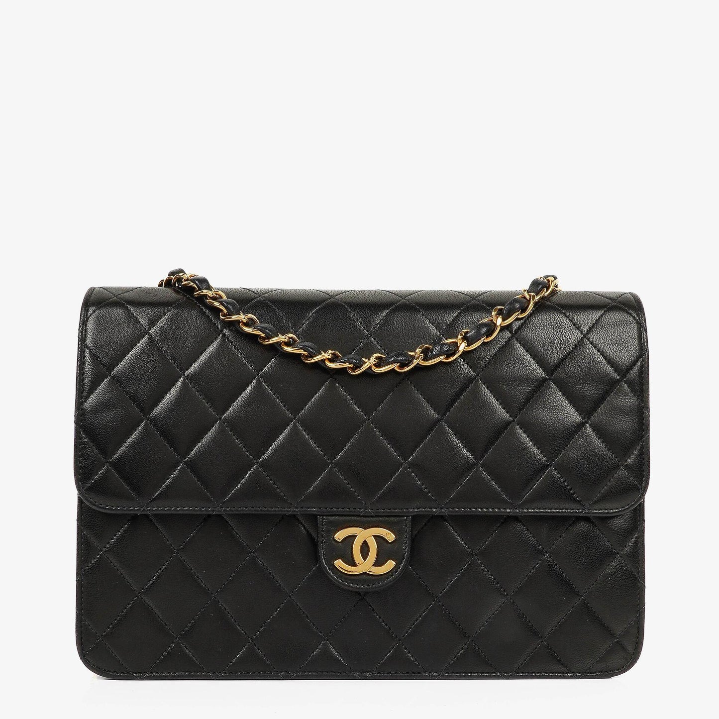 Chanel Medium Classic Einzelklappentasche Schwarz Gepolstertes Lammleder Mit 24K vergoldeter Hardware
