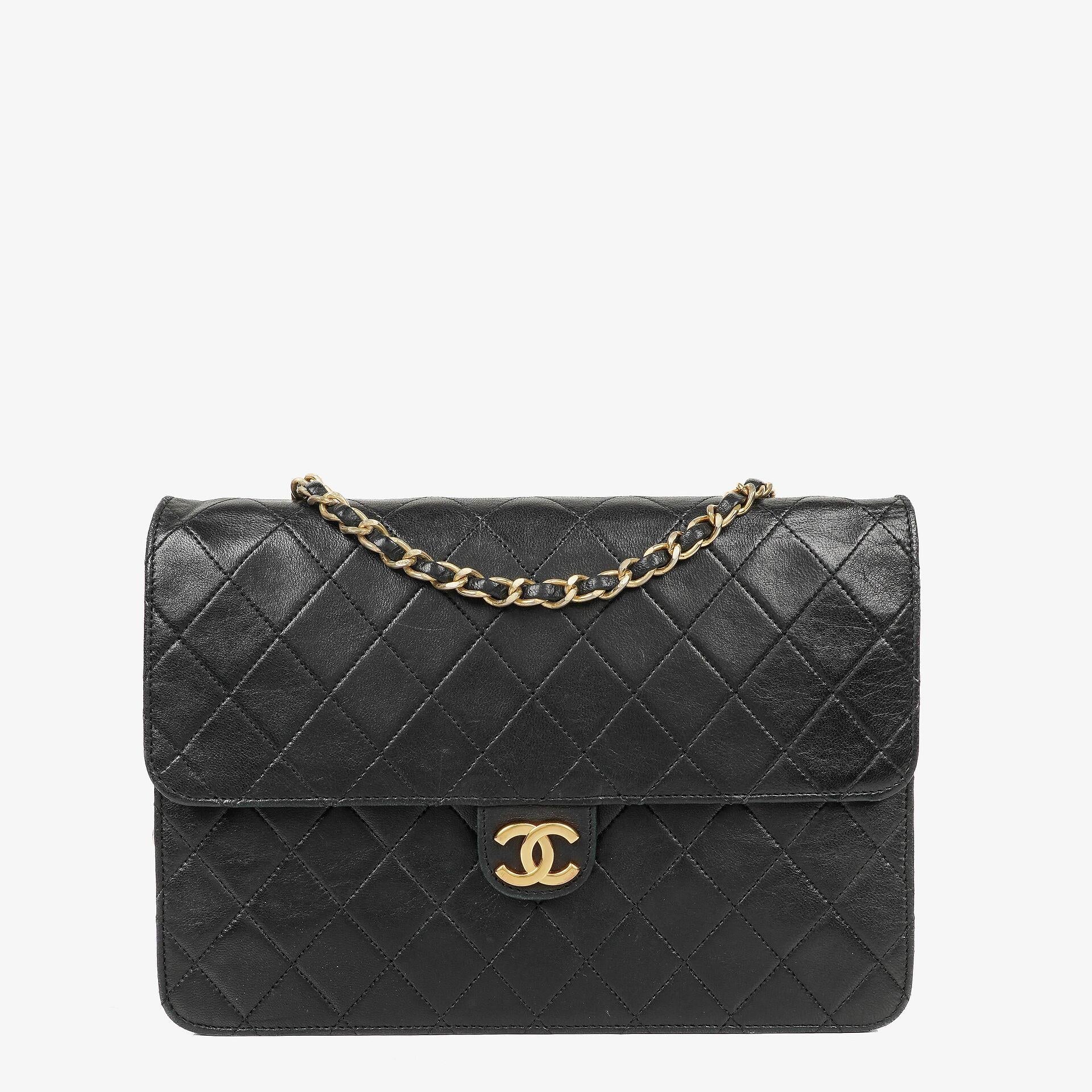 Chanel Medium Classic Single Flap Tasche aus schwarzem gestepptem Lammleder mit 24K vergoldeten Beschlägen