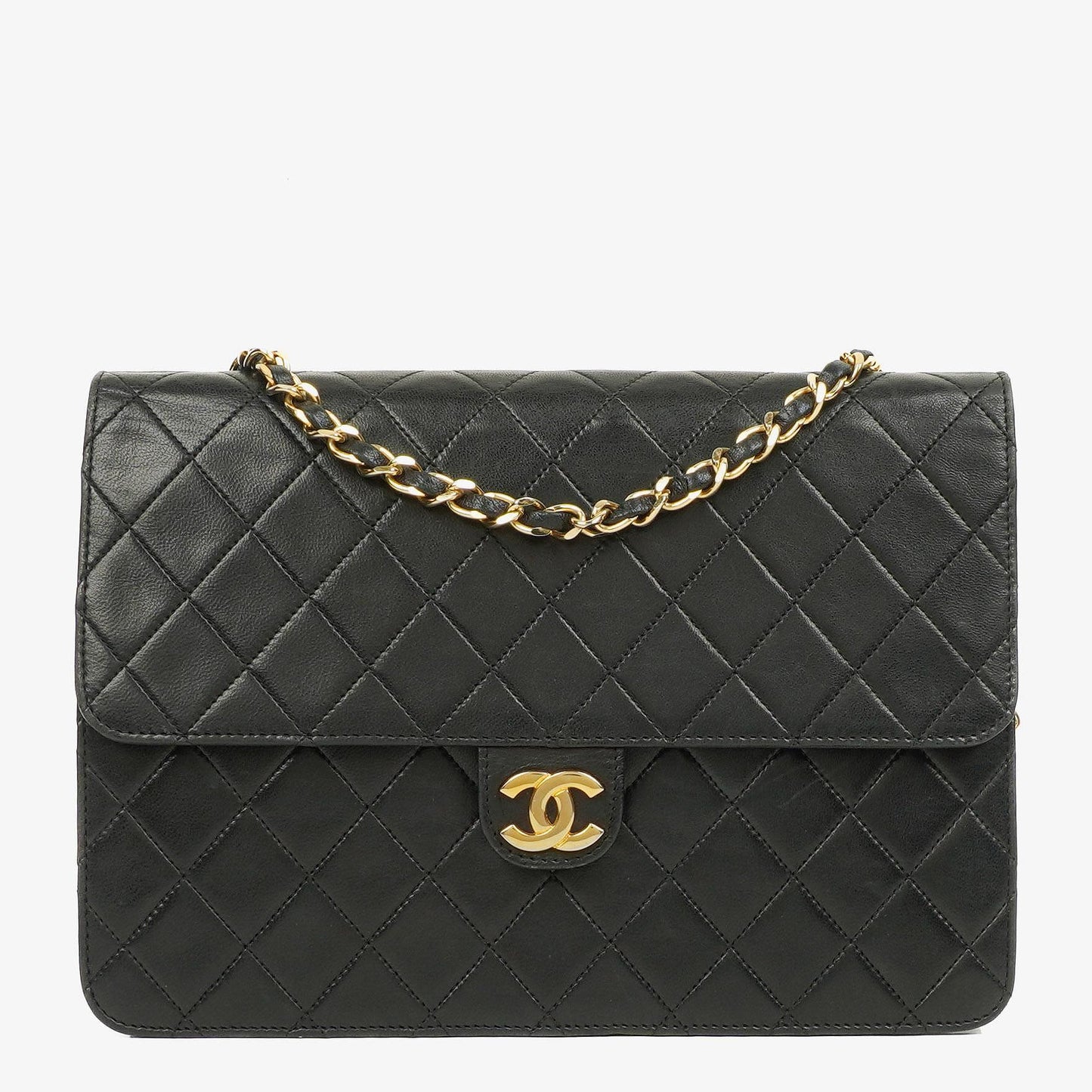 Chanel Medium Classic Single Flap Tasche aus schwarzem gestepptem Lammleder mit goldfarbenen Beschlägen