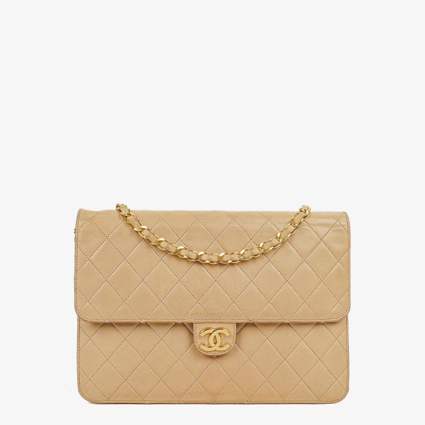 Chanel Medium Classic Single Flap Tasche aus beigem gestepptem Lammleder mit 24K vergoldeten Beschlägen