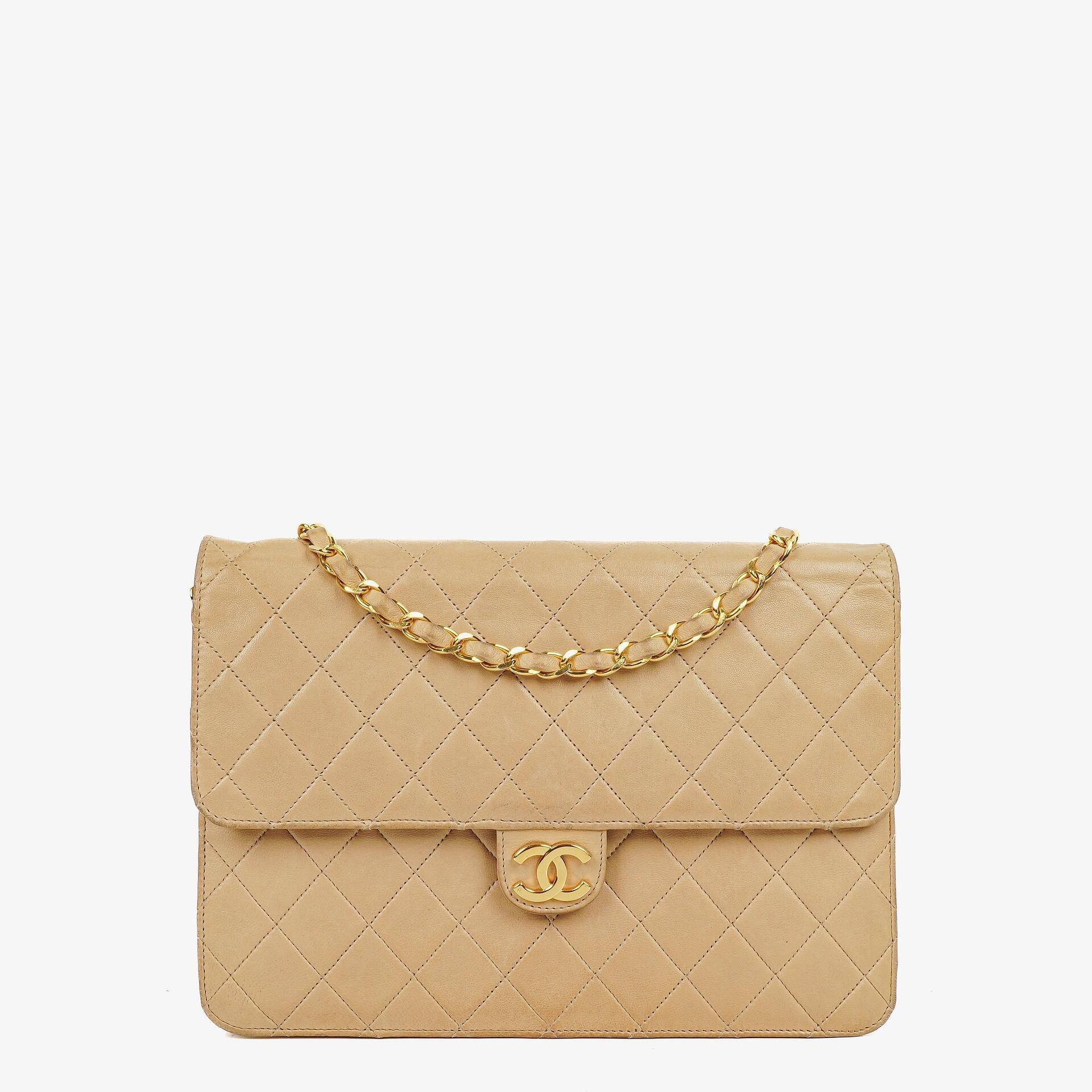 Chanel Medium Classic Single Flap Tasche aus beigem gestepptem Lammleder mit 24K vergoldeten Beschlägen