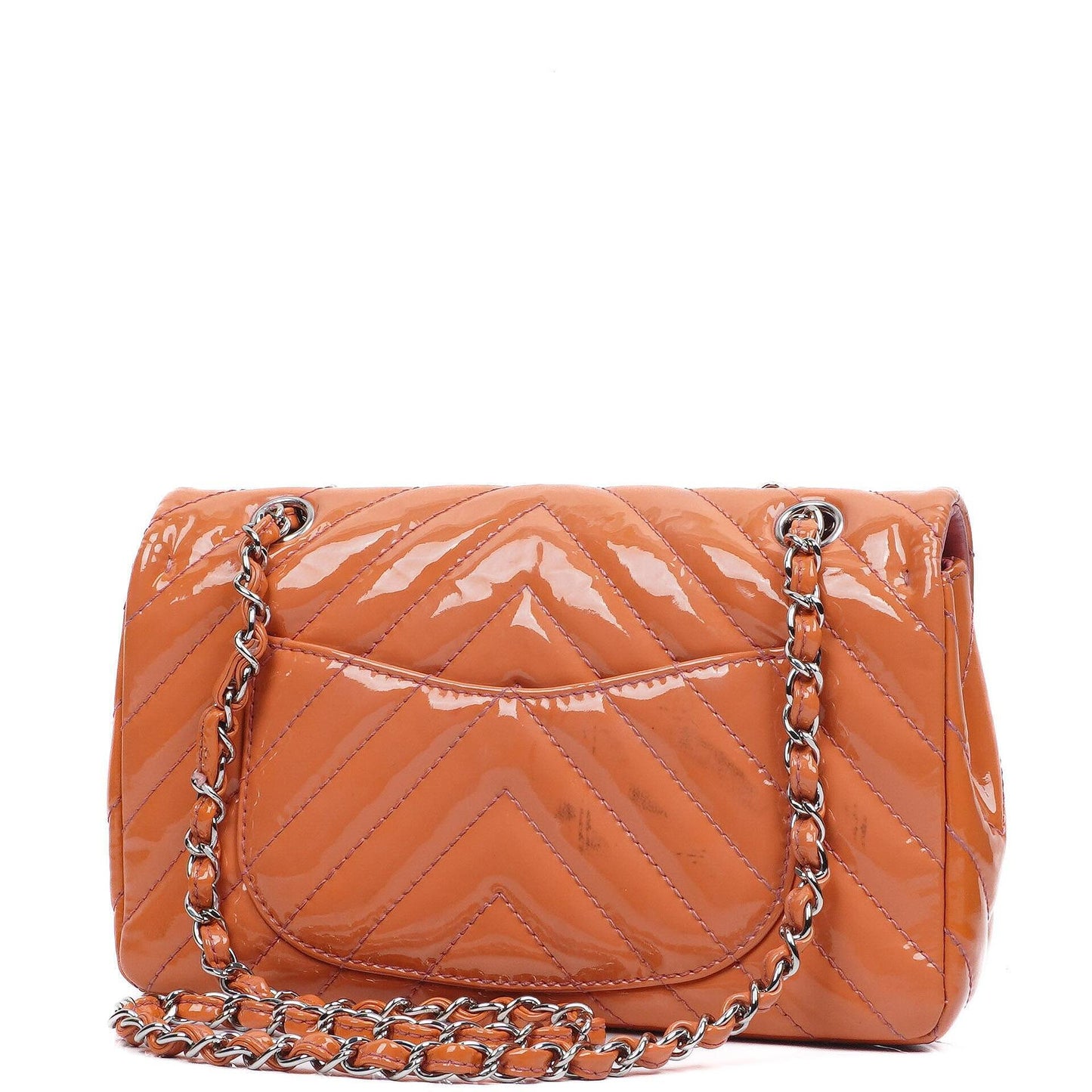 Chanel Medium Classic Einzelklappentasche Orange Chevron Gepolstertes Lackleder Silberfarbene Hardware