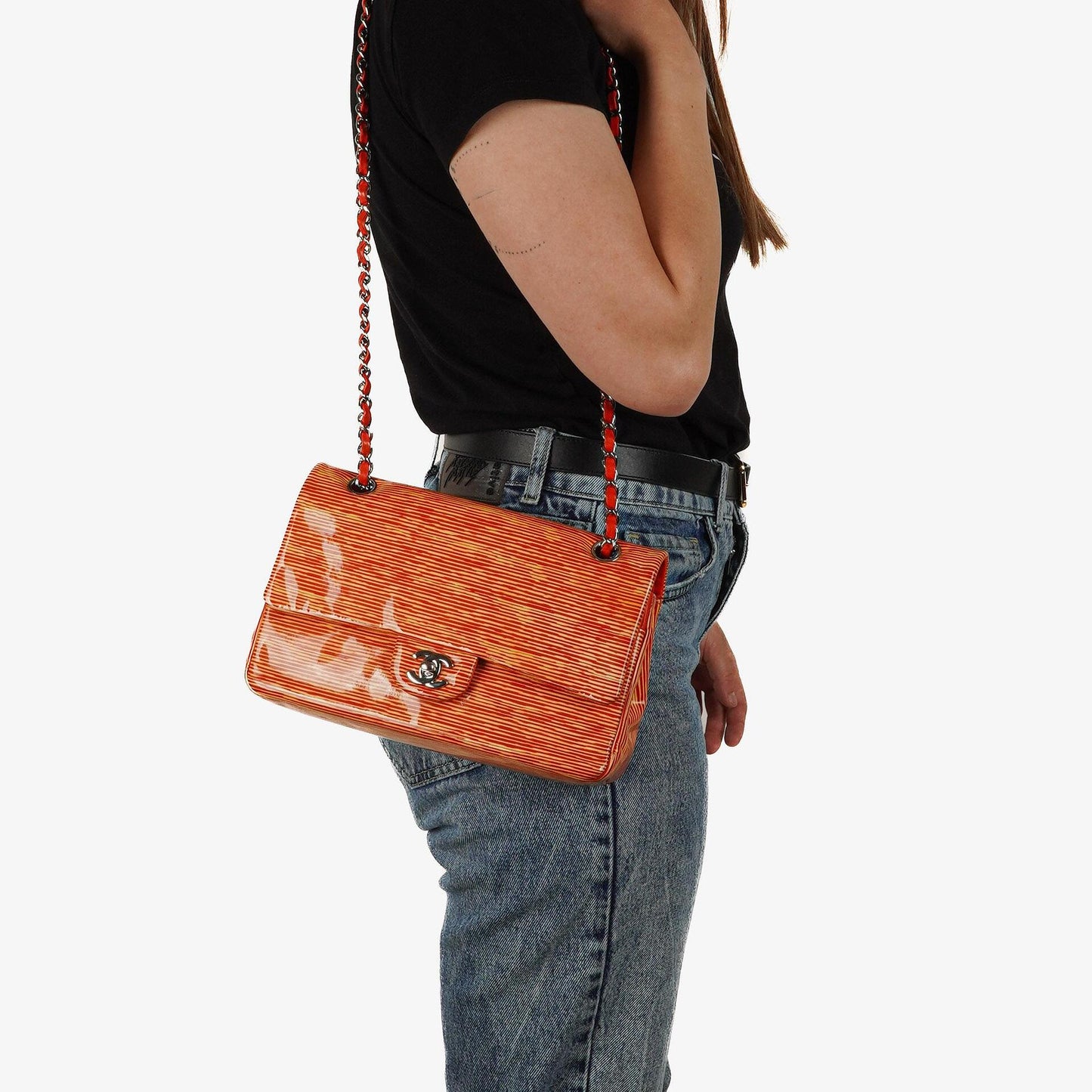 Chanel Classic Medium Double Flap Tasche aus gestreiftem Lackleder, 2014