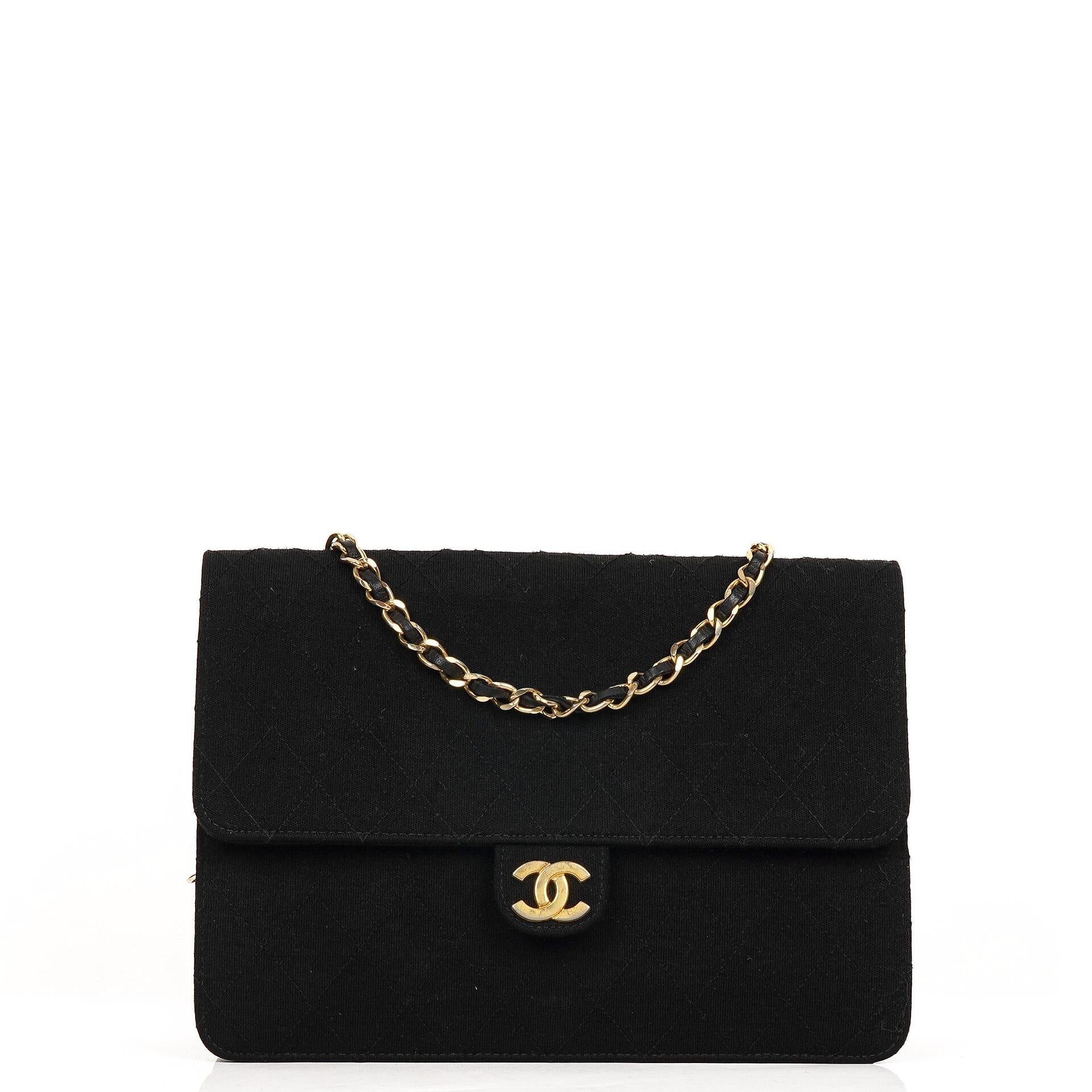 Chanel Medium Classic Vintage Schwarz gesteppte Jersey Single Flap Tasche mit Goldfarbenen Beschlägen