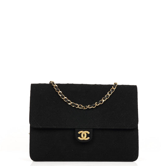 Chanel Medium Classic Vintage Schwarz gesteppte Jersey Single Flap Tasche mit Goldfarbenen Beschlägen
