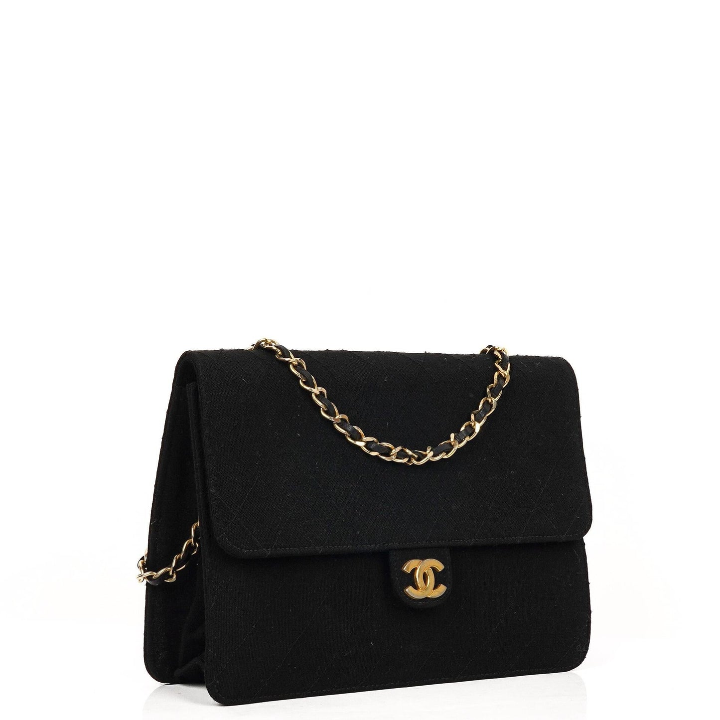 Chanel Medium Classic Vintage Schwarz gesteppte Jersey Single Flap Tasche mit Goldfarbenen Beschlägen