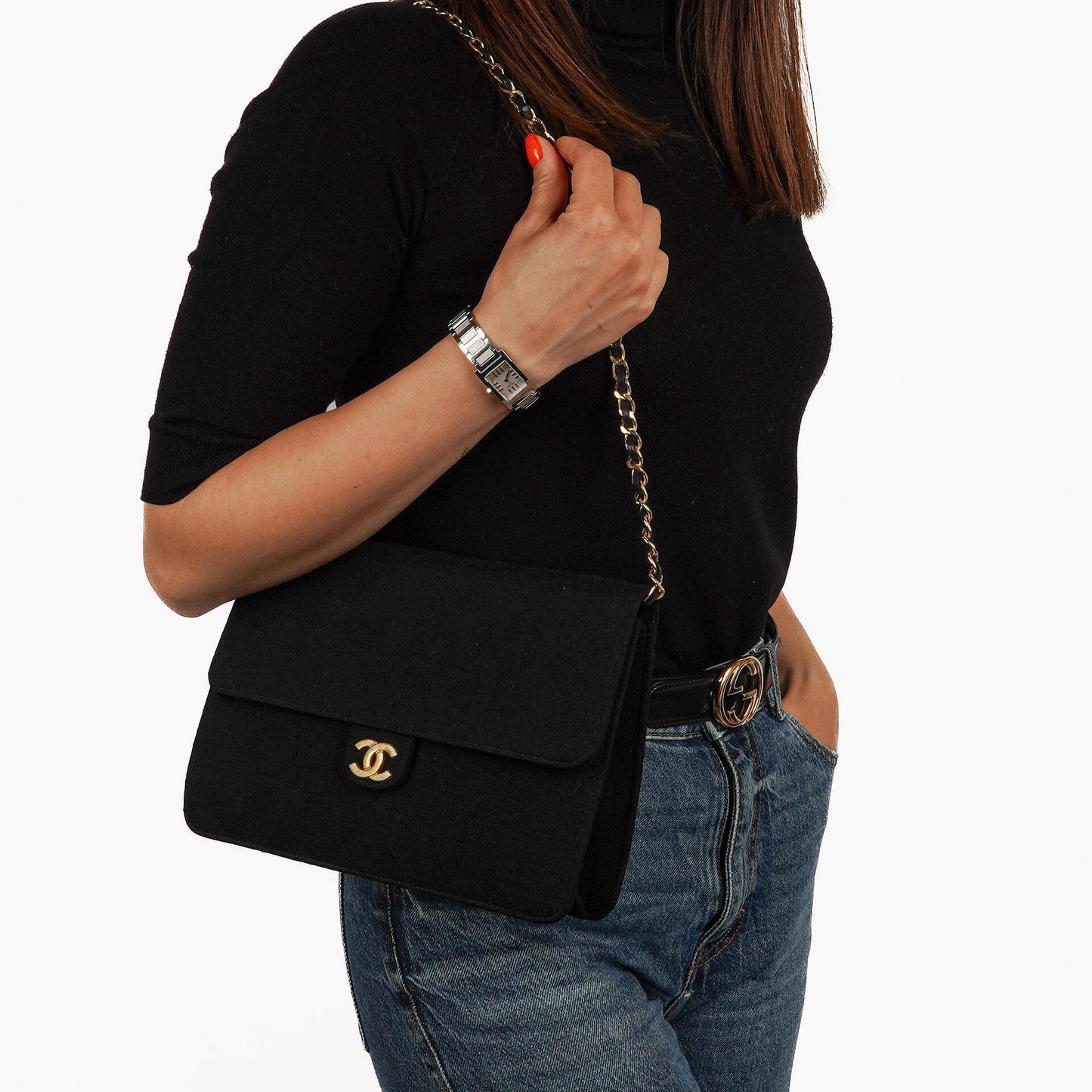 Chanel Medium Classic Vintage Schwarz gesteppte Jersey Single Flap Tasche mit Goldfarbenen Beschlägen