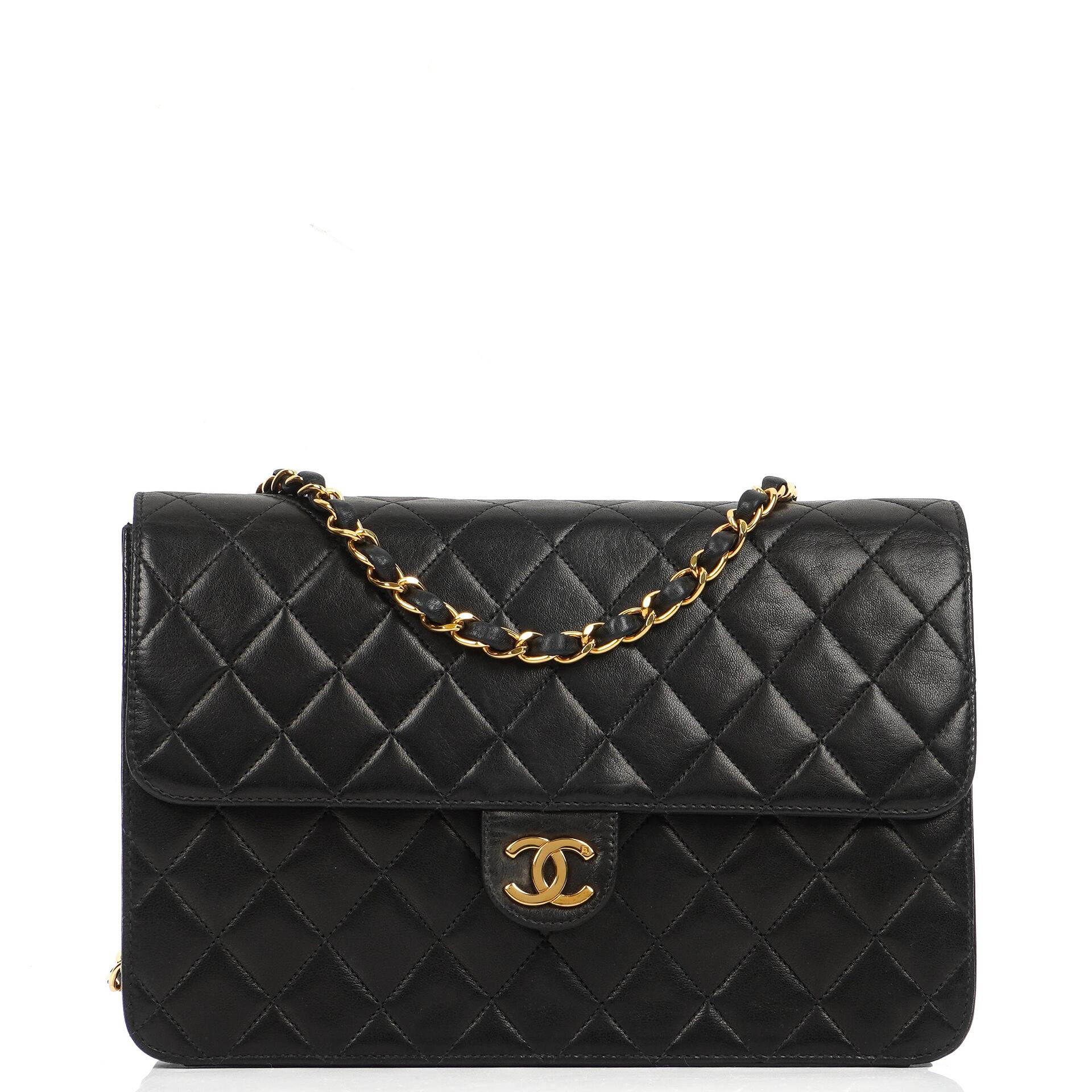 Chanel Medium Classic Vintage Schwarz gestepptes Lammleder Single Flap Tasche mit 24K Goldplattierten Beschlägen