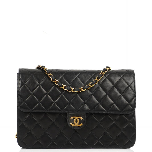Chanel Medium Classic Vintage Schwarz gestepptes Lammleder Single Flap Tasche mit 24K Goldplattierten Beschlägen