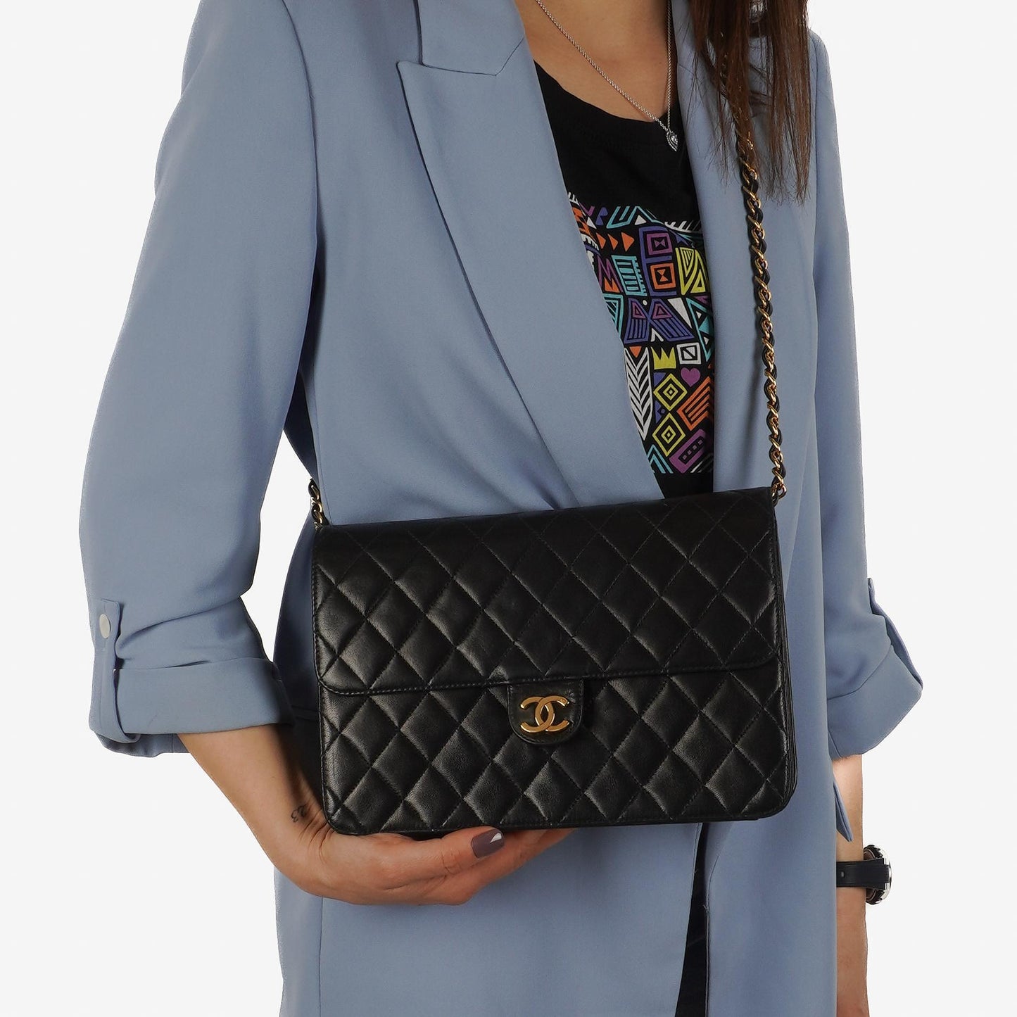 Chanel Medium Classic Vintage Schwarz gestepptes Lammleder Single Flap Tasche mit 24K Goldplattierten Beschlägen
