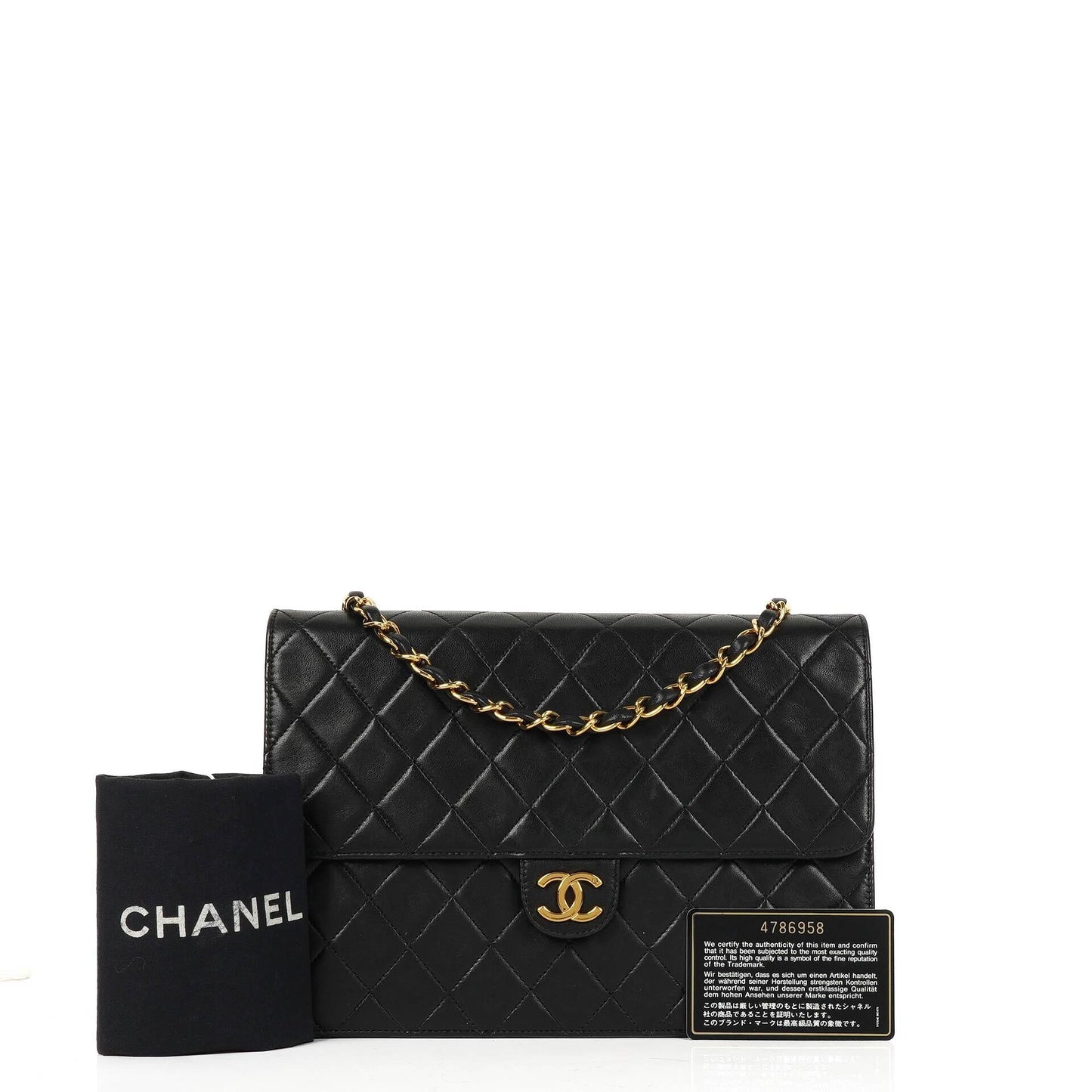Chanel Medium Classic Vintage Single Flap Bag aus schwarzem gestepptem Lammleder mit 24K goldplattierten Beschlägen