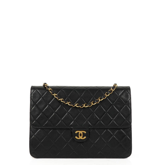 Chanel Medium Classic Vintage Single Flap Bag aus schwarzem gestepptem Lammleder mit 24K goldplattierten Beschlägen