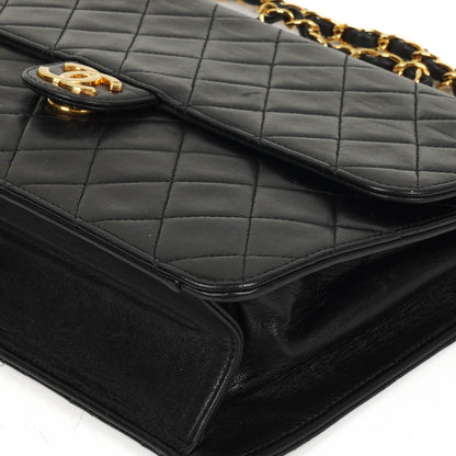 Chanel Medium Classic Vintage Single Flap Bag aus schwarzem gestepptem Lammleder mit 24K goldplattierten Beschlägen
