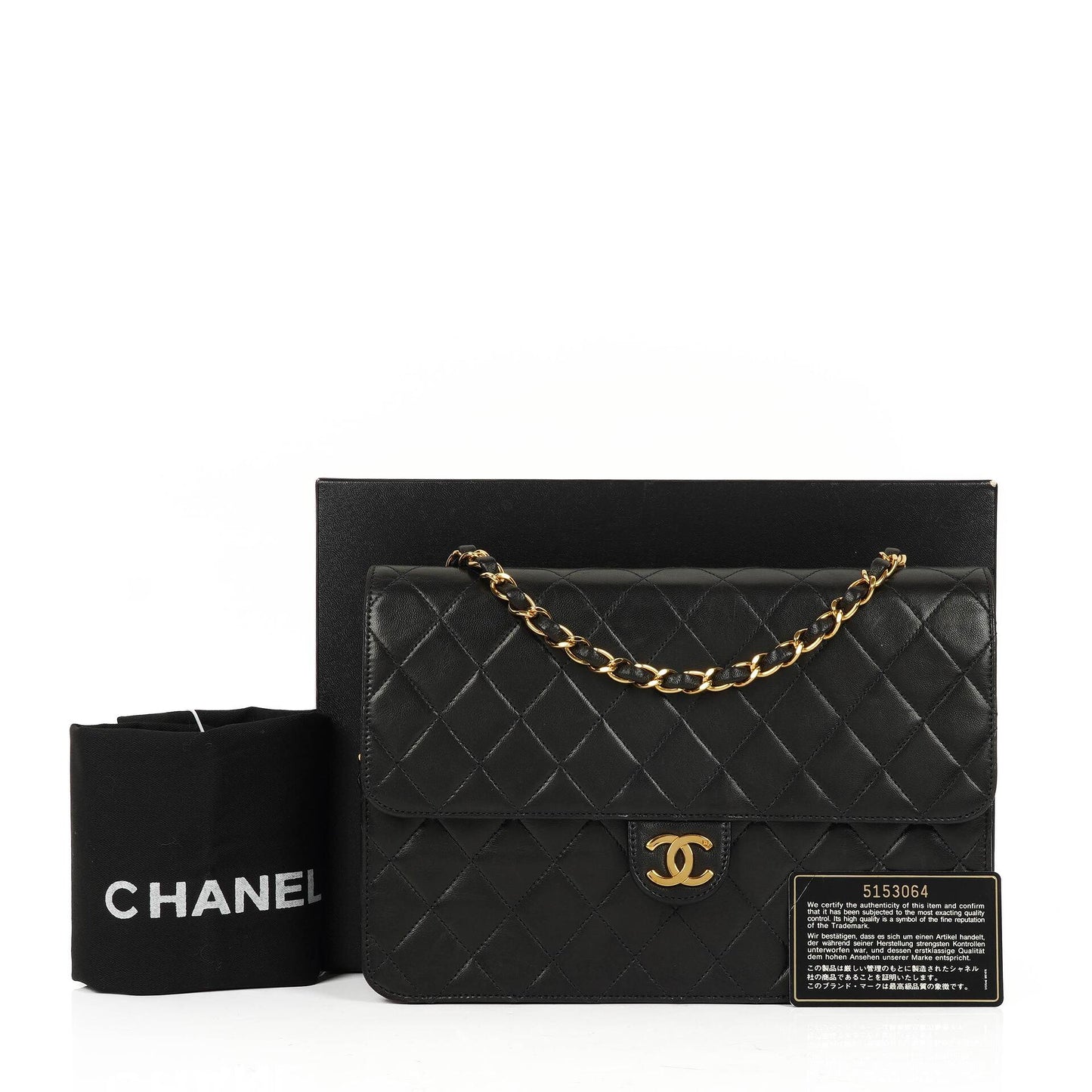 Chanel Medium Classic Vintage Single Flap Bag aus schwarzem gestepptem Lammleder mit 24K goldplattierten Beschlägen