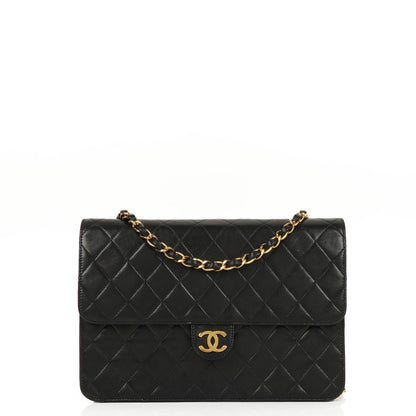 Chanel Medium Classic Vintage Single Flap Bag aus schwarzem gestepptem Lammleder mit 24K goldplattierten Beschlägen