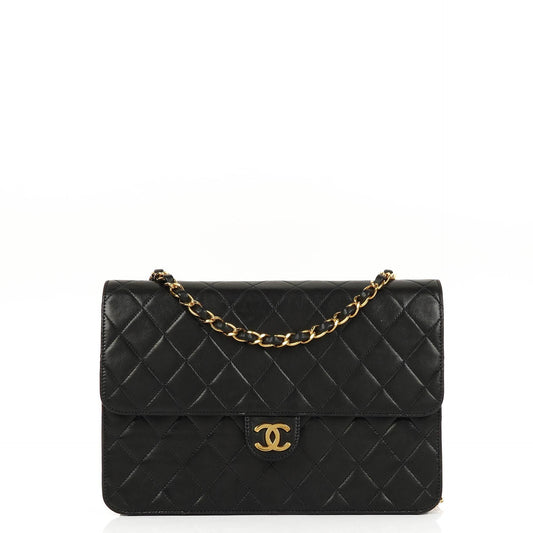 Chanel Medium Classic Vintage Single Flap Bag aus schwarzem gestepptem Lammleder mit 24K goldplattierten Beschlägen