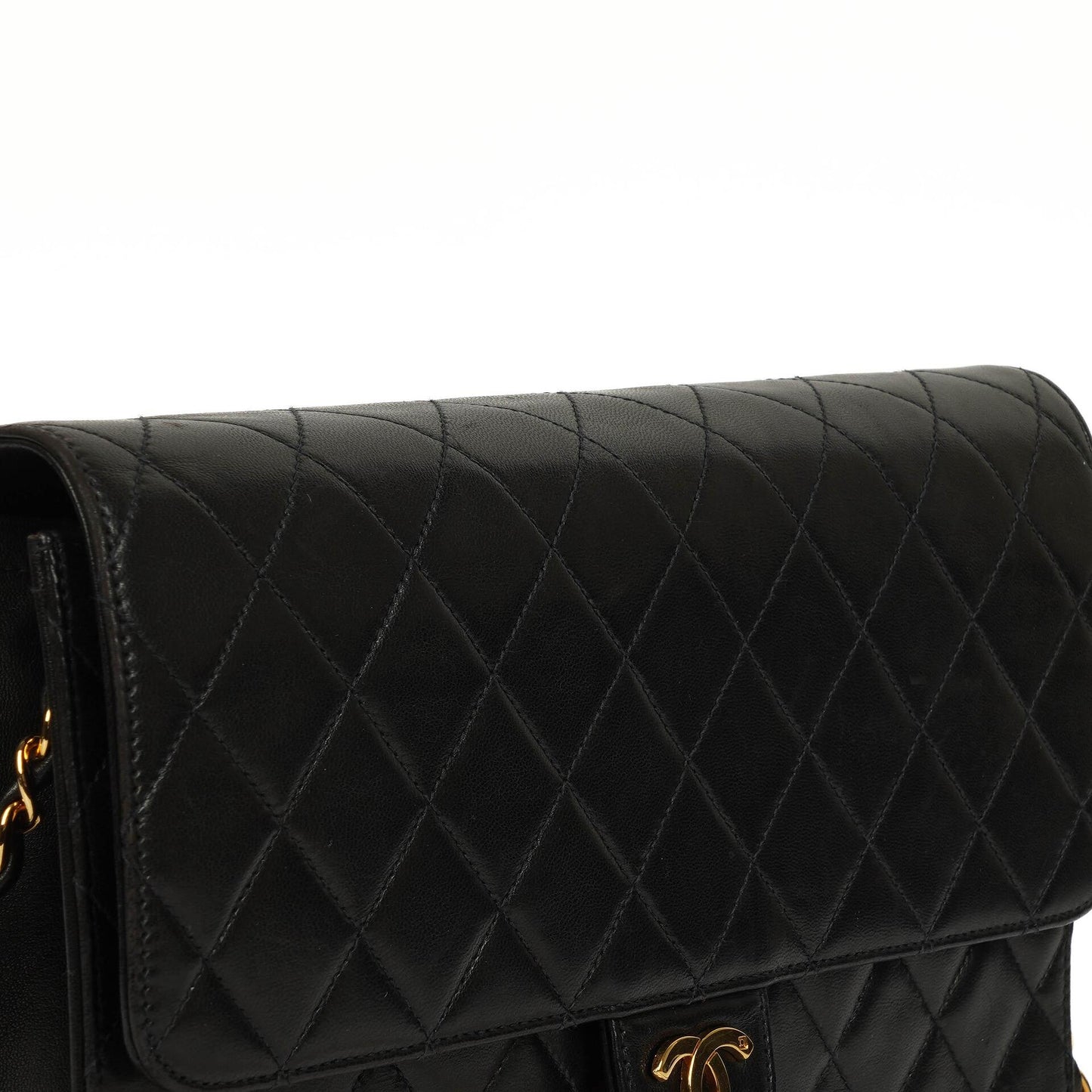 Chanel Medium Classic Vintage Single Flap Bag aus schwarzem gestepptem Lammleder mit 24K goldplattierten Beschlägen