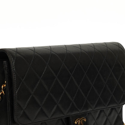 Chanel Medium Classic Vintage Single Flap Bag aus schwarzem gestepptem Lammleder mit 24K goldplattierten Beschlägen
