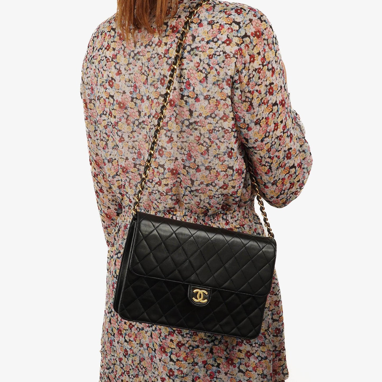 Chanel Medium Classic Vintage Single Flap Bag aus schwarzem gestepptem Lammleder mit 24K goldplattierten Beschlägen